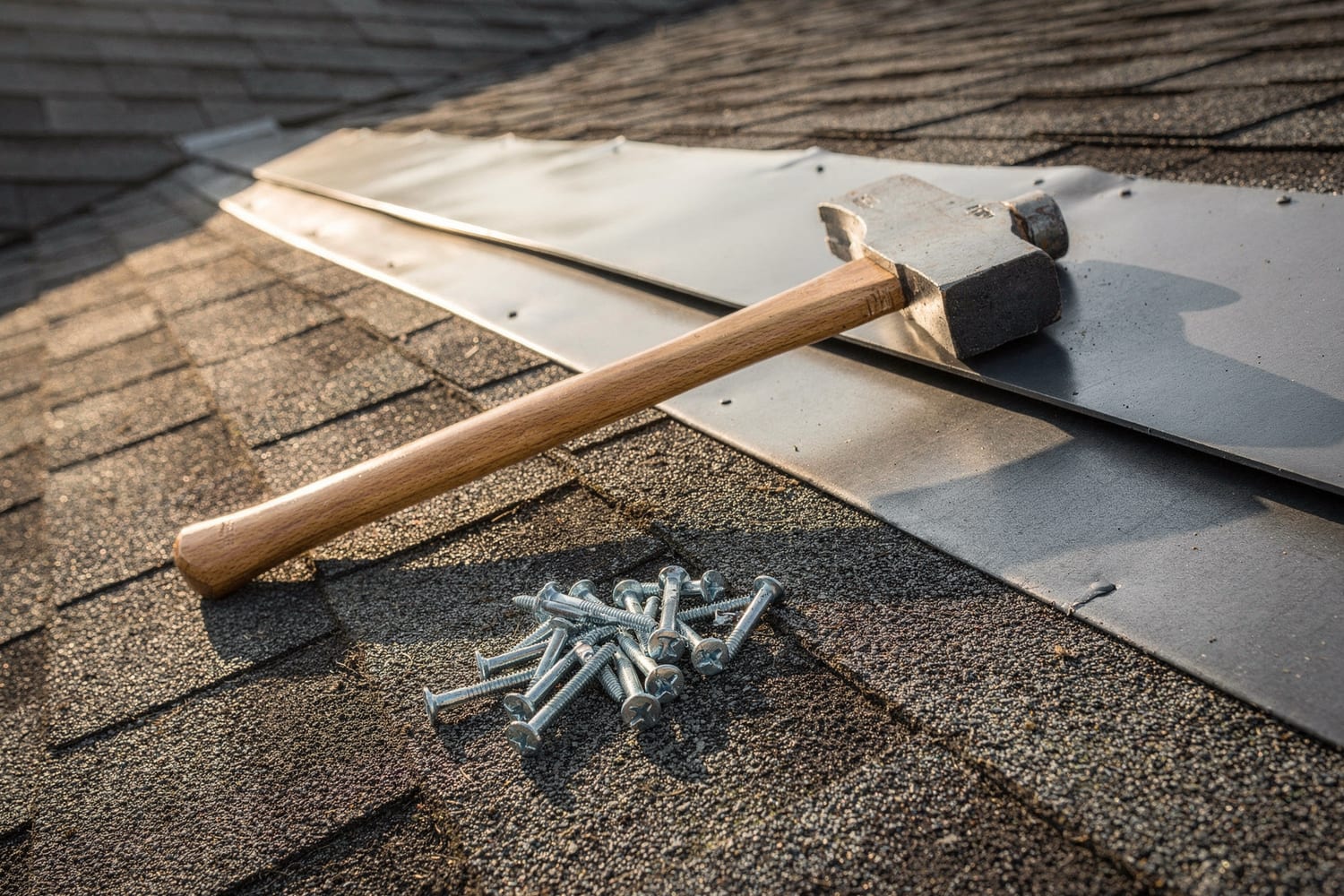 Close detail of new asphalt shingles and metal flashing with a roofing hammer resting on the surface.