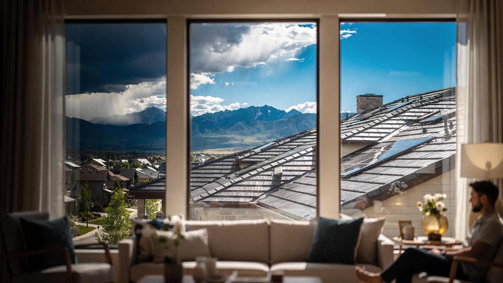 A Front Range Colorado view: pitched rooftops beneath a sky where a storm breaks into clear blue over the mountains.