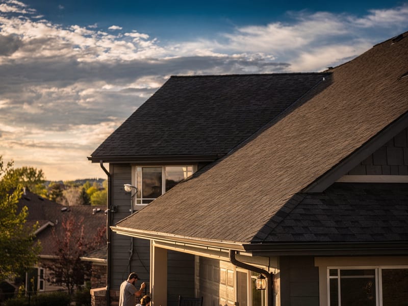 A Littleton home at golden hour with a crisp, freshly finished asphalt-shingle roof.